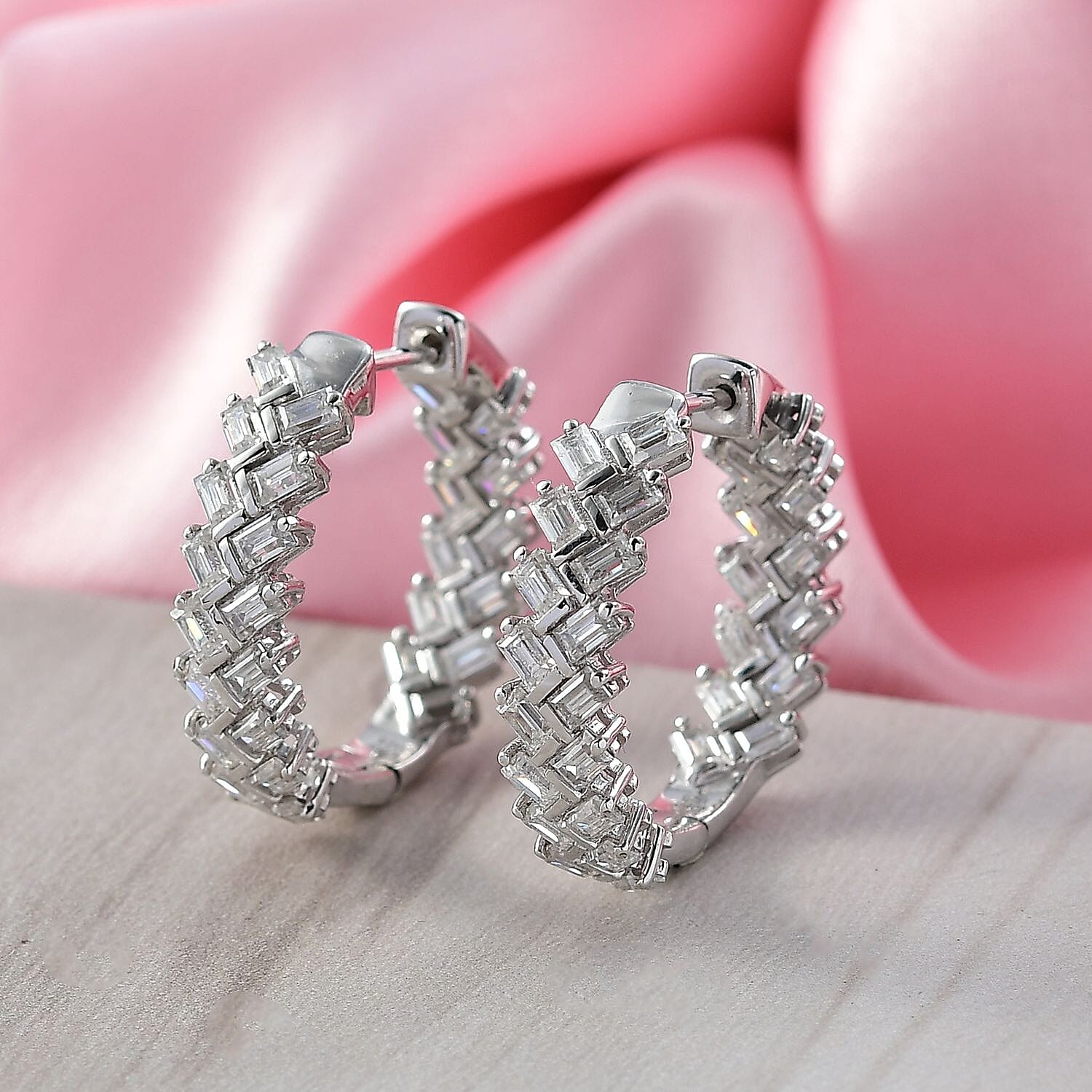 D'Joy Moissanite Cluster Earring with Hoop in Rhodium Overlay Sterling Silver 4.35 Ct, Silver Wt. 9.57 Gms.